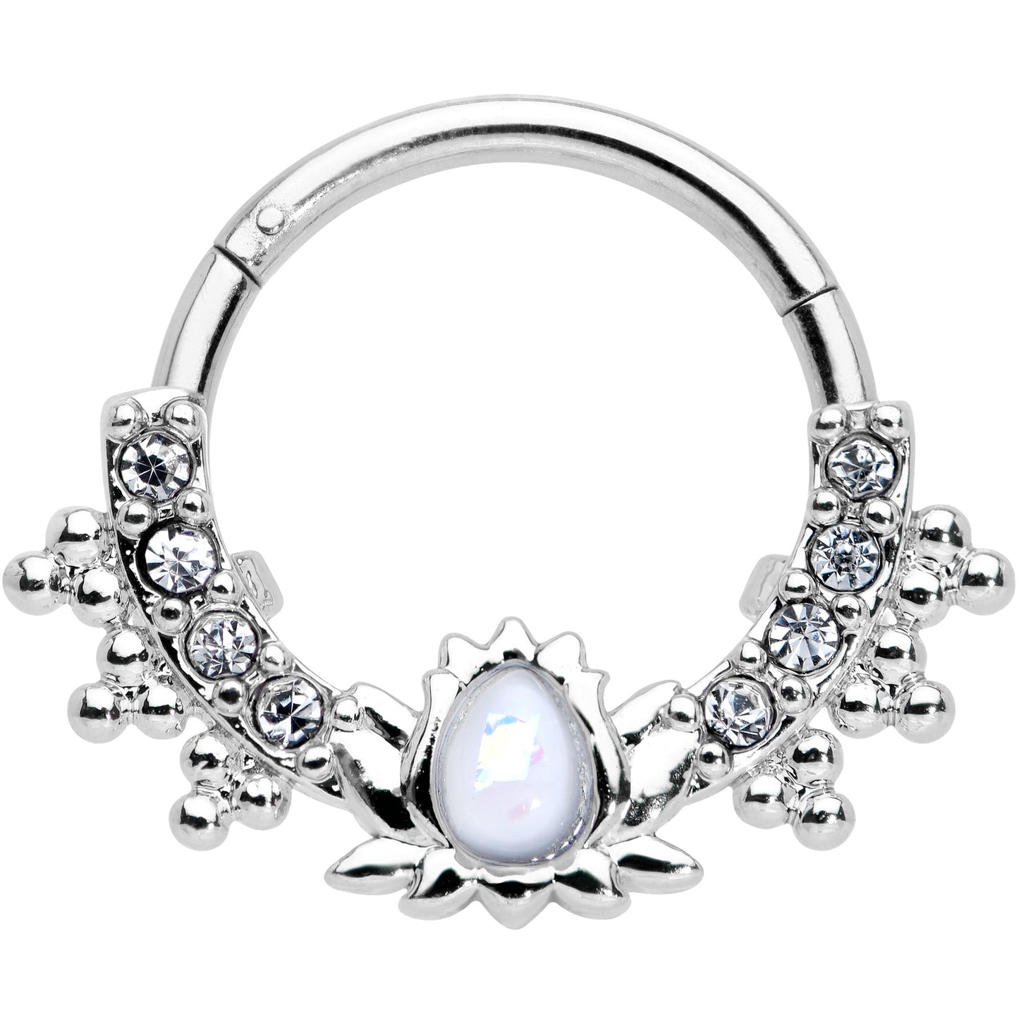 16G 3/8 White Faux Opal Stylized Lotus Hinged Segment Ring