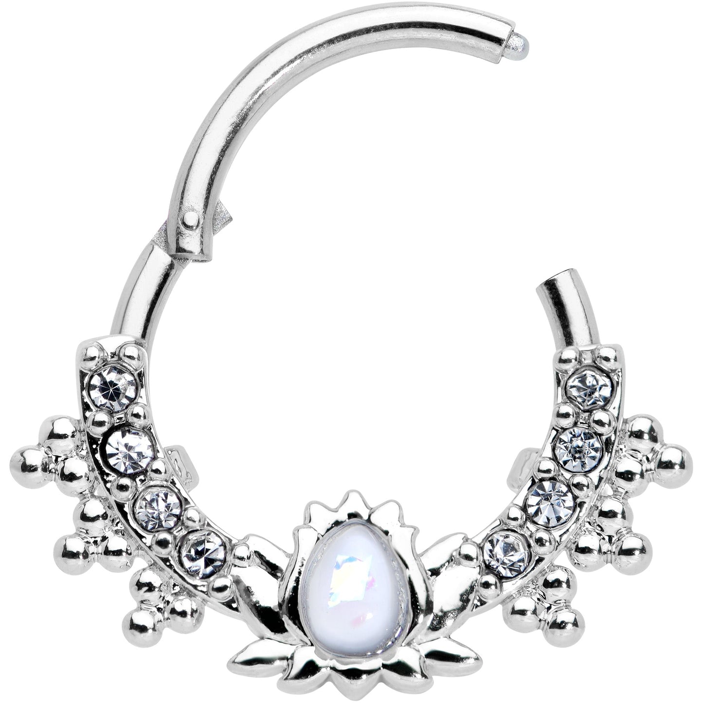 16G 3/8 White Faux Opal Stylized Lotus Hinged Segment Ring