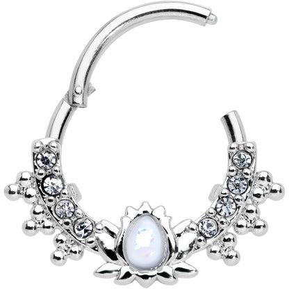 16G 3/8 White Faux Opal Stylized Lotus Hinged Segment Ring