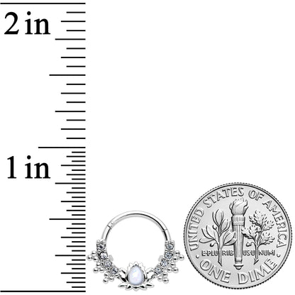 16G 3/8 White Faux Opal Stylized Lotus Hinged Segment Ring