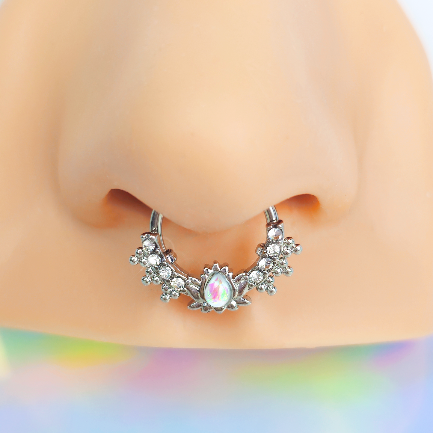 16G 3/8 White Faux Opal Stylized Lotus Hinged Segment Ring