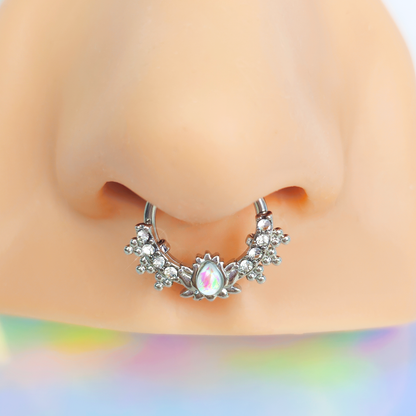 16G 3/8 White Faux Opal Stylized Lotus Hinged Segment Ring