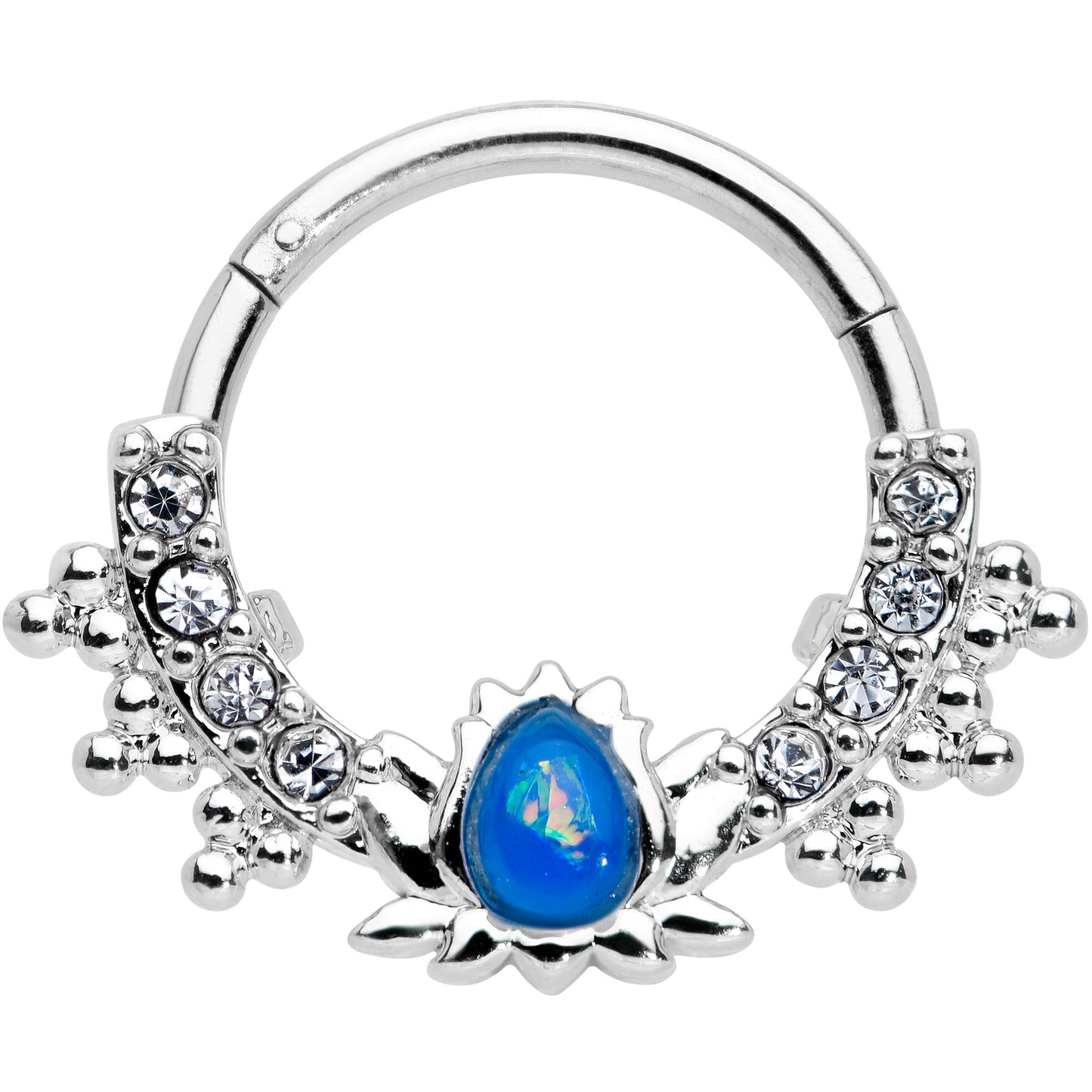 16G 3/8 Blue Faux Opal Stylized Lotus Hinged Segment Ring