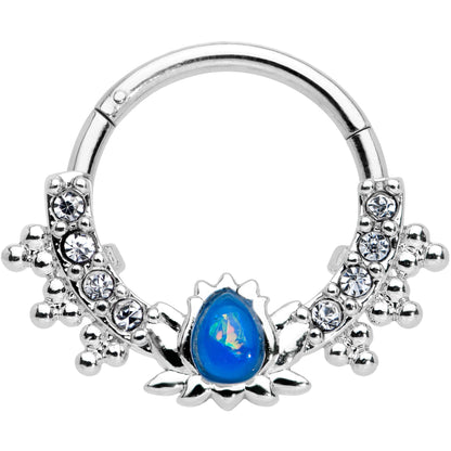16G 3/8 Blue Faux Opal Stylized Lotus Hinged Segment Ring