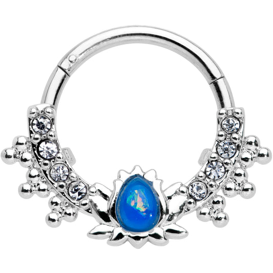 16G 3/8 Blue Faux Opal Stylized Lotus Hinged Segment Ring