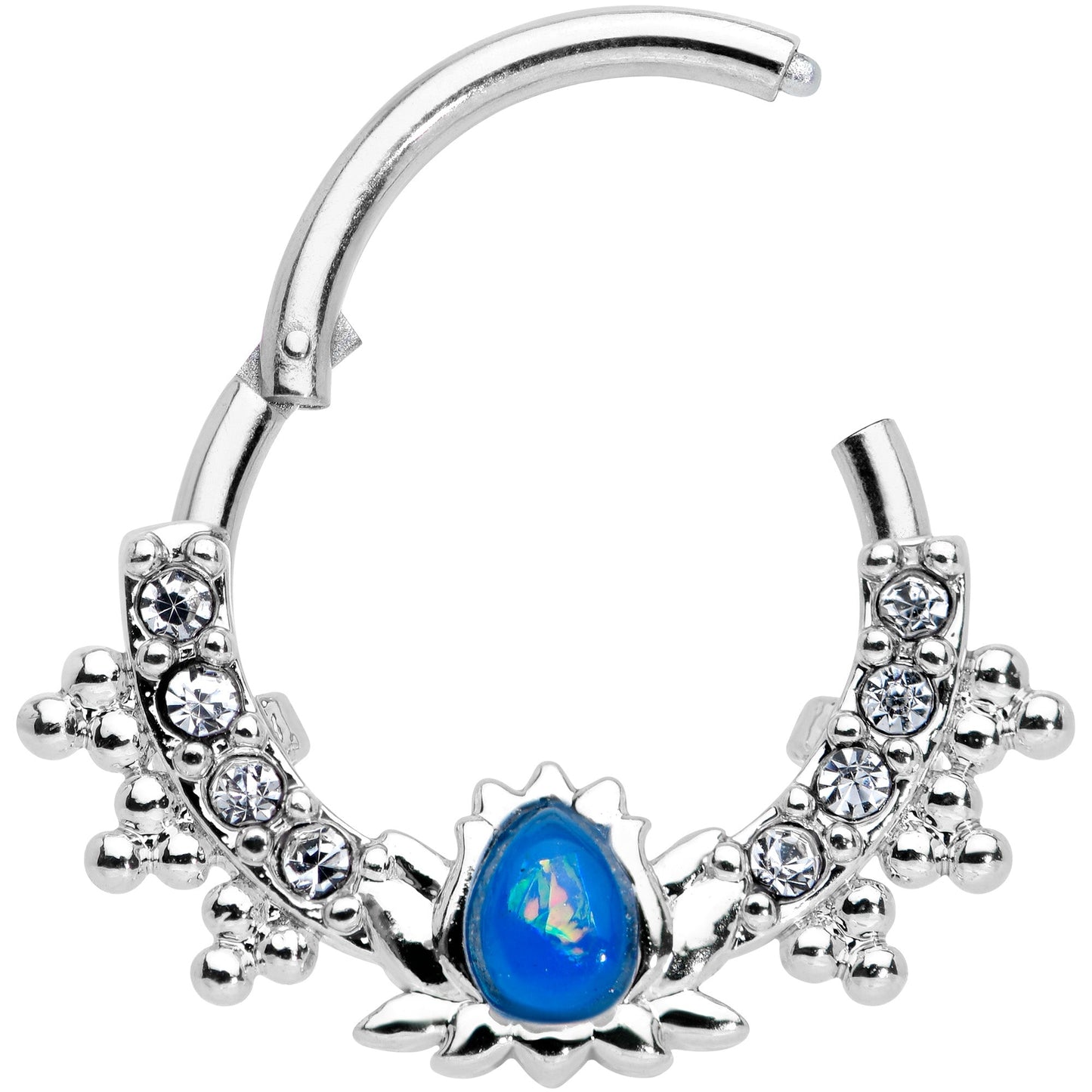 16G 3/8 Blue Faux Opal Stylized Lotus Hinged Segment Ring