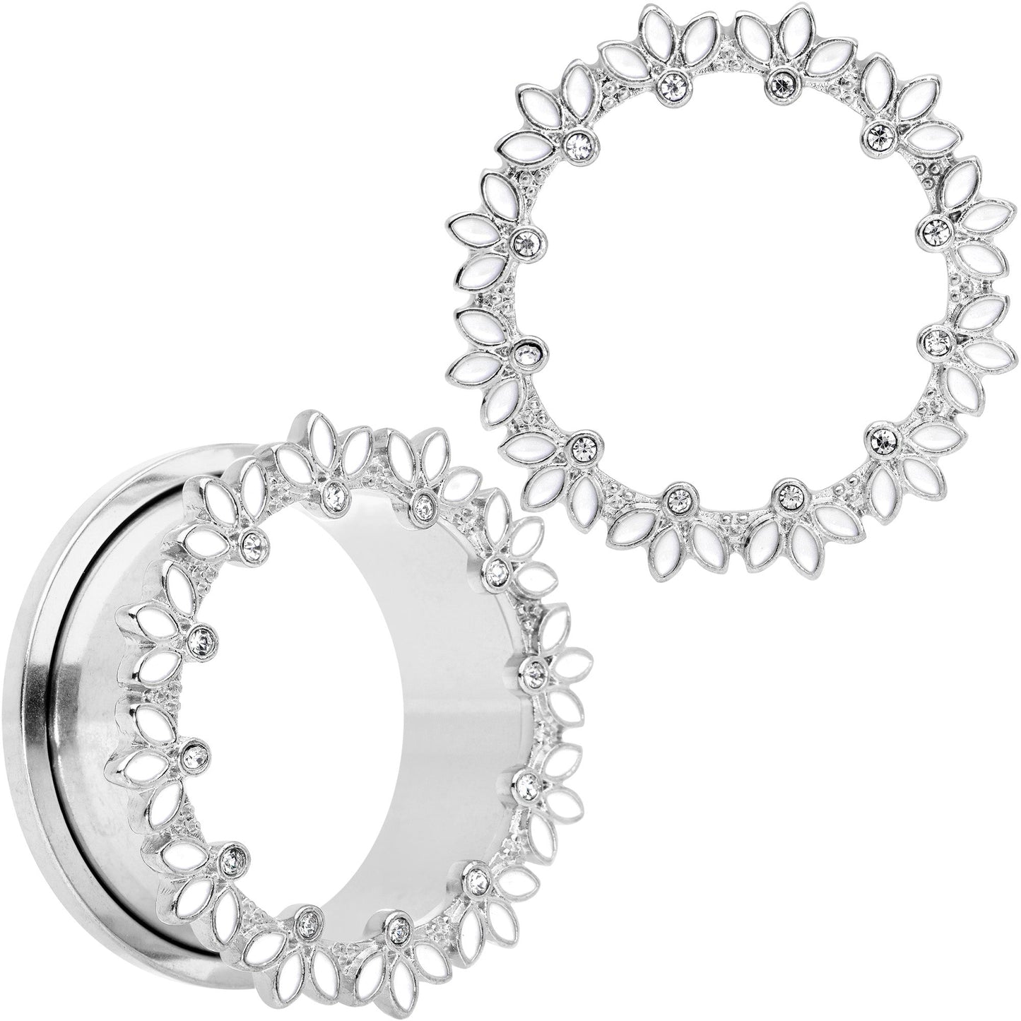 Clear Gem White Leaves Screw Fit Tunnel Plug Set