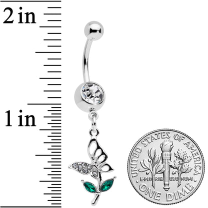 Clear Green Gem Perching Floral Butterfly Dangle Belly Ring