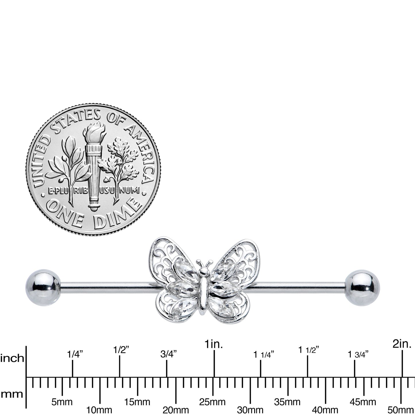 14G Clear Gem Lacy Butterfly Industrial Barbell 38mm