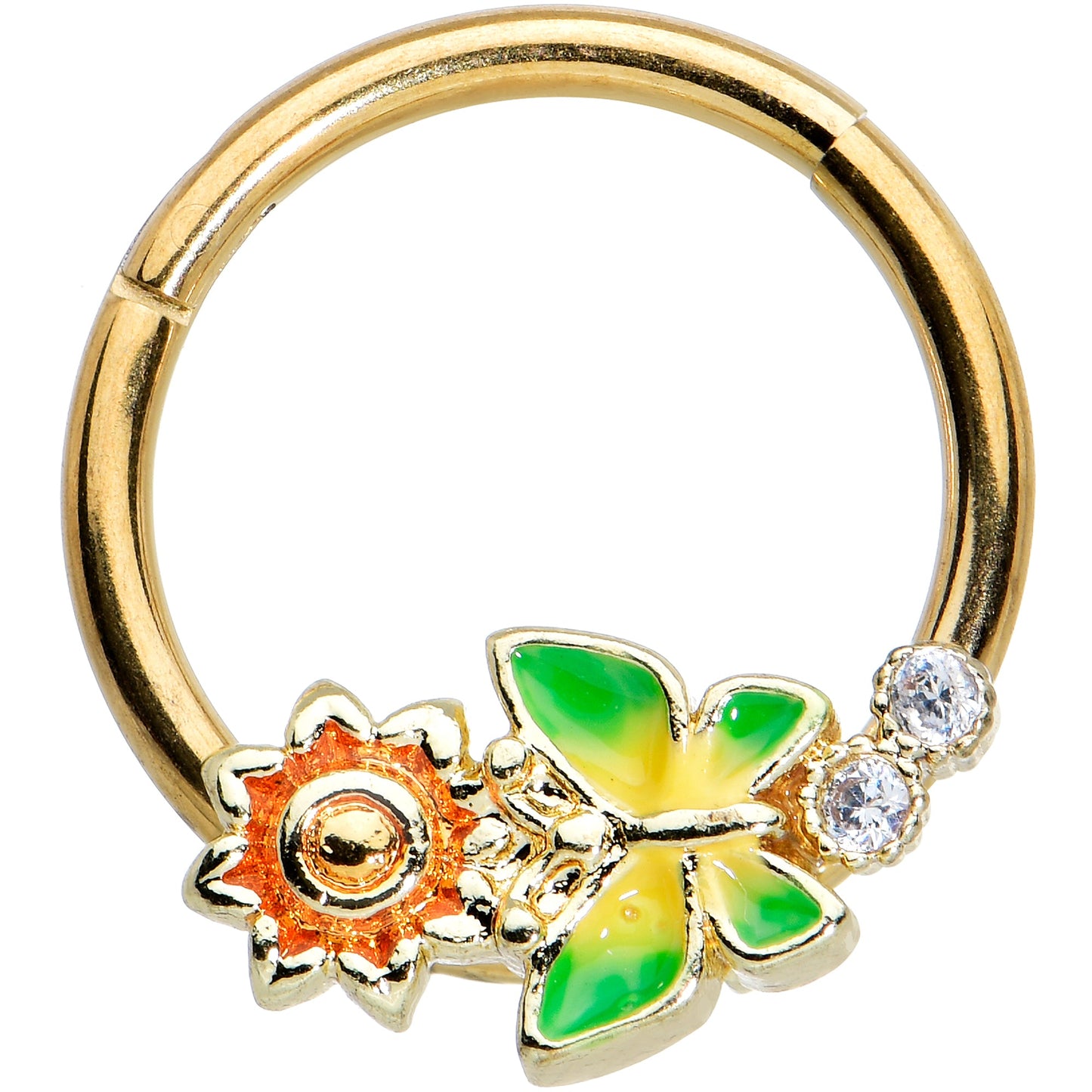 16G 3/8 Clear CZ Gem Gold Tone Sun Butterfly Hinged Segment Ring
