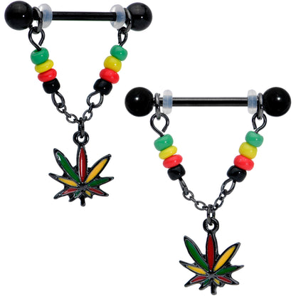 14G 9/16 Black Multicolor Pot Leaf Dangle Barbell Nipple Ring Set
