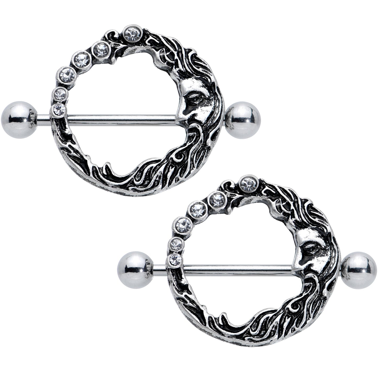 14G 3/4 Clear Gem Face Crescent Moon Nipple Shield Set