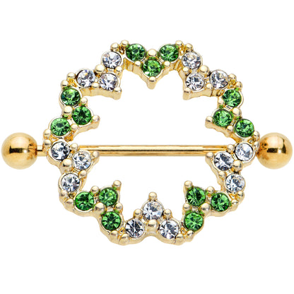 14G 25mm Gold Tone Clear Green Gem Floral Nipple Shield Set