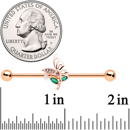 14G Clear Gem Rose Gold Tone Floral Butterfly Industrial Barbell 38mm