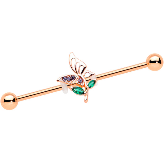 14G Purple Gem Rose Gold Tone Butterfly Industrial Barbell 38mm