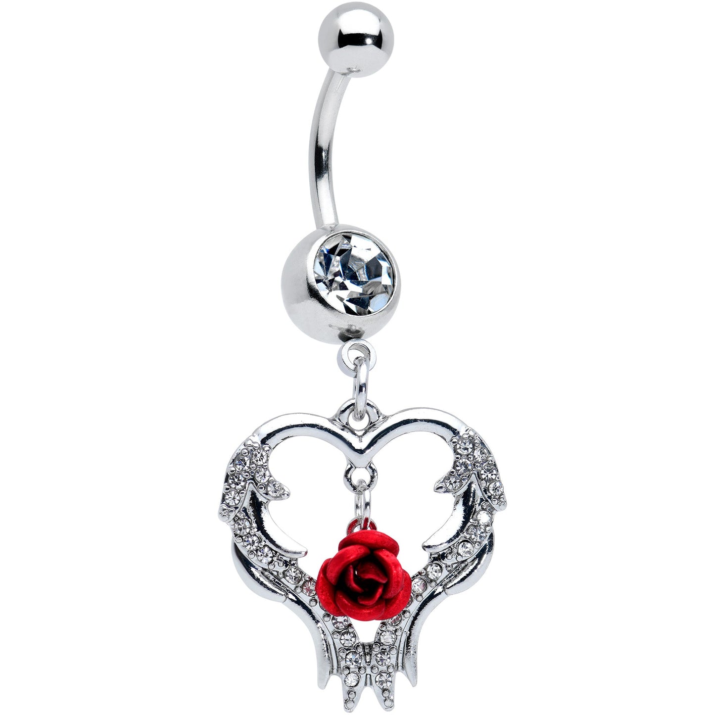 Clear Gem Heart Red Rose Valentines Day Dangle Belly Ring
