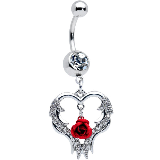 Clear Gem Heart Red Rose Valentines Day Dangle Belly Ring