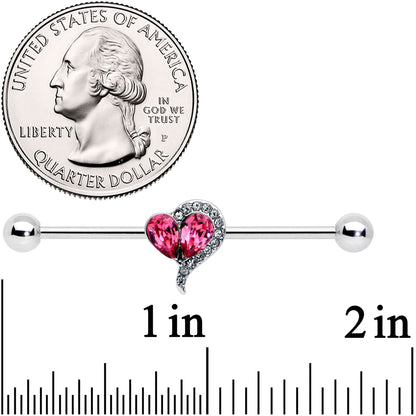 14G Clear Pink Gem Curve Heart Valentines Industrial Barbell 38mm