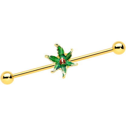 14G Gold Tone Tiny Ladybug Leaves Industrial Barbell 38mm