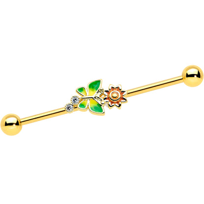 14G Clear CZ Gem Gold Tone Sun Butterfly Industrial Barbell 38mm