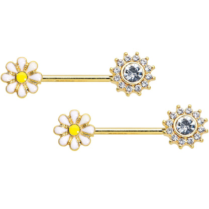 14G 9/16 Clear Gem Gold Tone Sun Daisy Flower Nipple Ring Set
