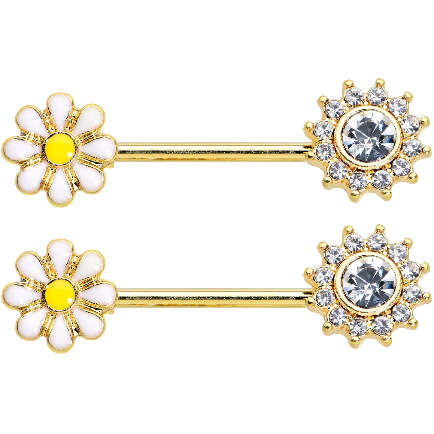 14G 9/16 Clear Gem Gold Tone Sun Daisy Flower Nipple Ring Set