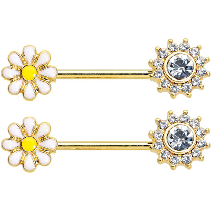 14G 9/16 Clear Gem Gold Tone Sun Daisy Flower Nipple Ring Set