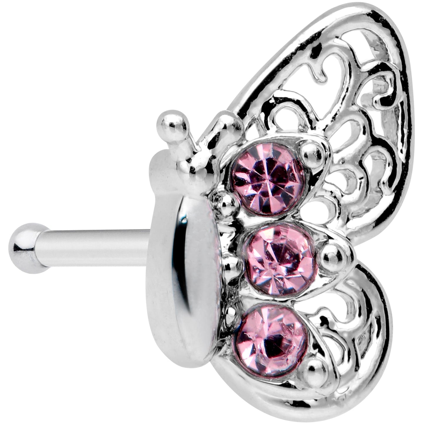 20G 1/4 Pink Gem Lacy Butterfly Nose Bone