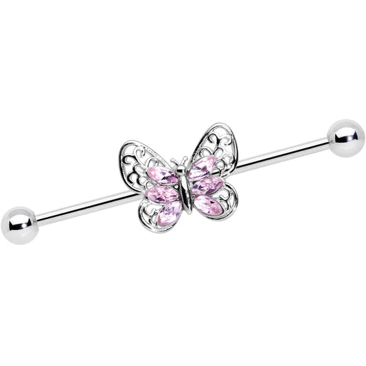 14G Pink Gem Lacy Butterfly Industrial Barbell 38mm