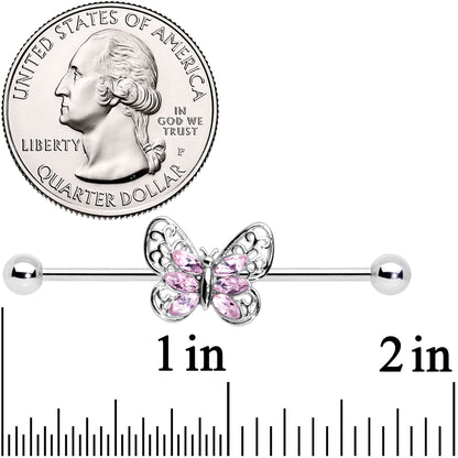14G Pink Gem Lacy Butterfly Industrial Barbell 38mm