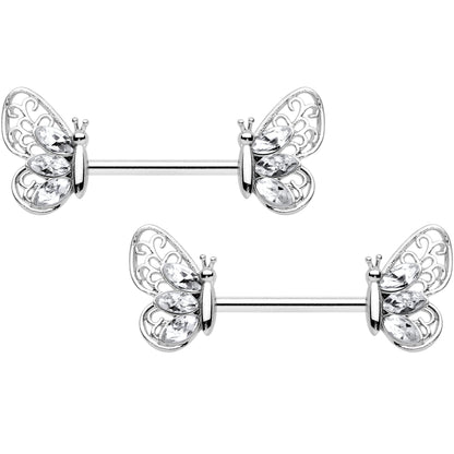 14G 9/16 Clear Gem Lacy Butterfly Barbell Nipple Ring Set