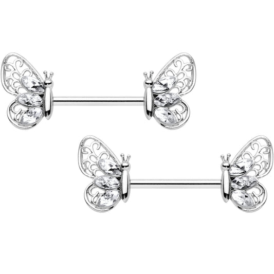 14G 9/16 Clear Gem Lacy Butterfly Barbell Nipple Ring Set
