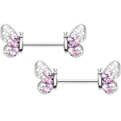 14G 9/16 Pink Gem Lacy Butterfly Barbell Nipple Ring Set