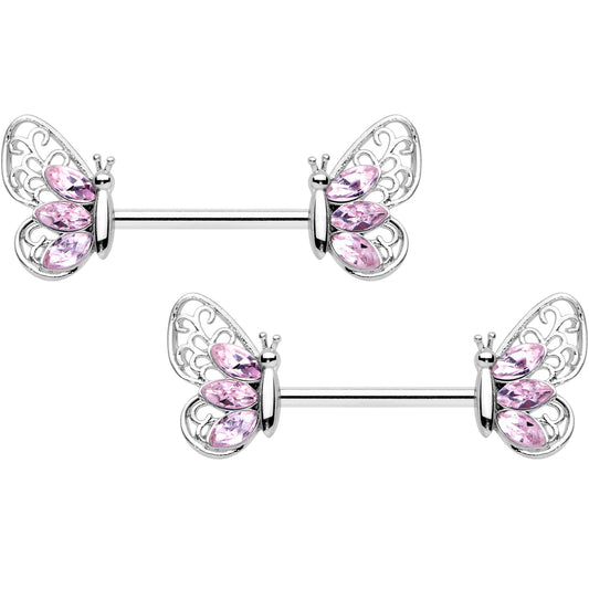 14G 9/16 Pink Gem Lacy Butterfly Barbell Nipple Ring Set