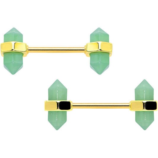 14G 5/8 Green Gem Gold Tone Barbell Nipple Ring Set