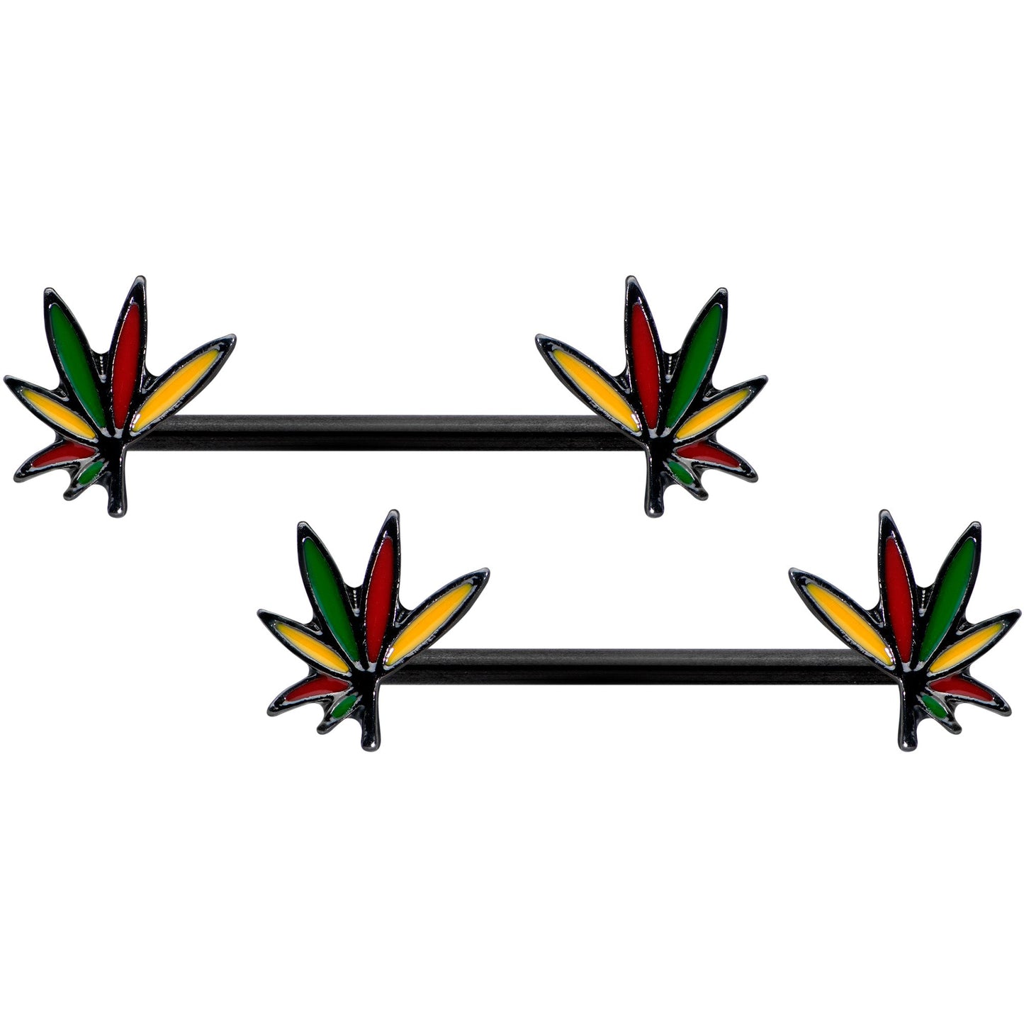 14G 9/16 Black Multicolor Weed Pot Leaf Barbell Nipple Ring Set