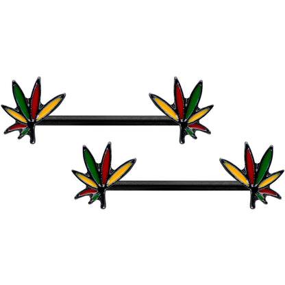 14G 9/16 Black Multicolor Weed Pot Leaf Barbell Nipple Ring Set