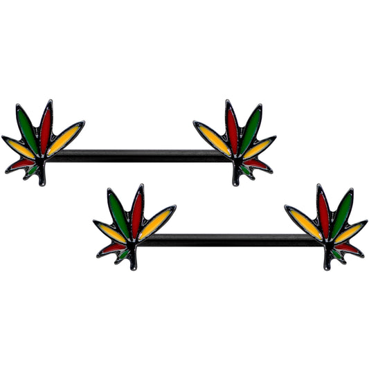 14G 9/16 Black Multicolor Weed Pot Leaf Barbell Nipple Ring Set
