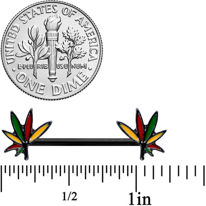 14G 9/16 Black Multicolor Weed Pot Leaf Barbell Nipple Ring Set