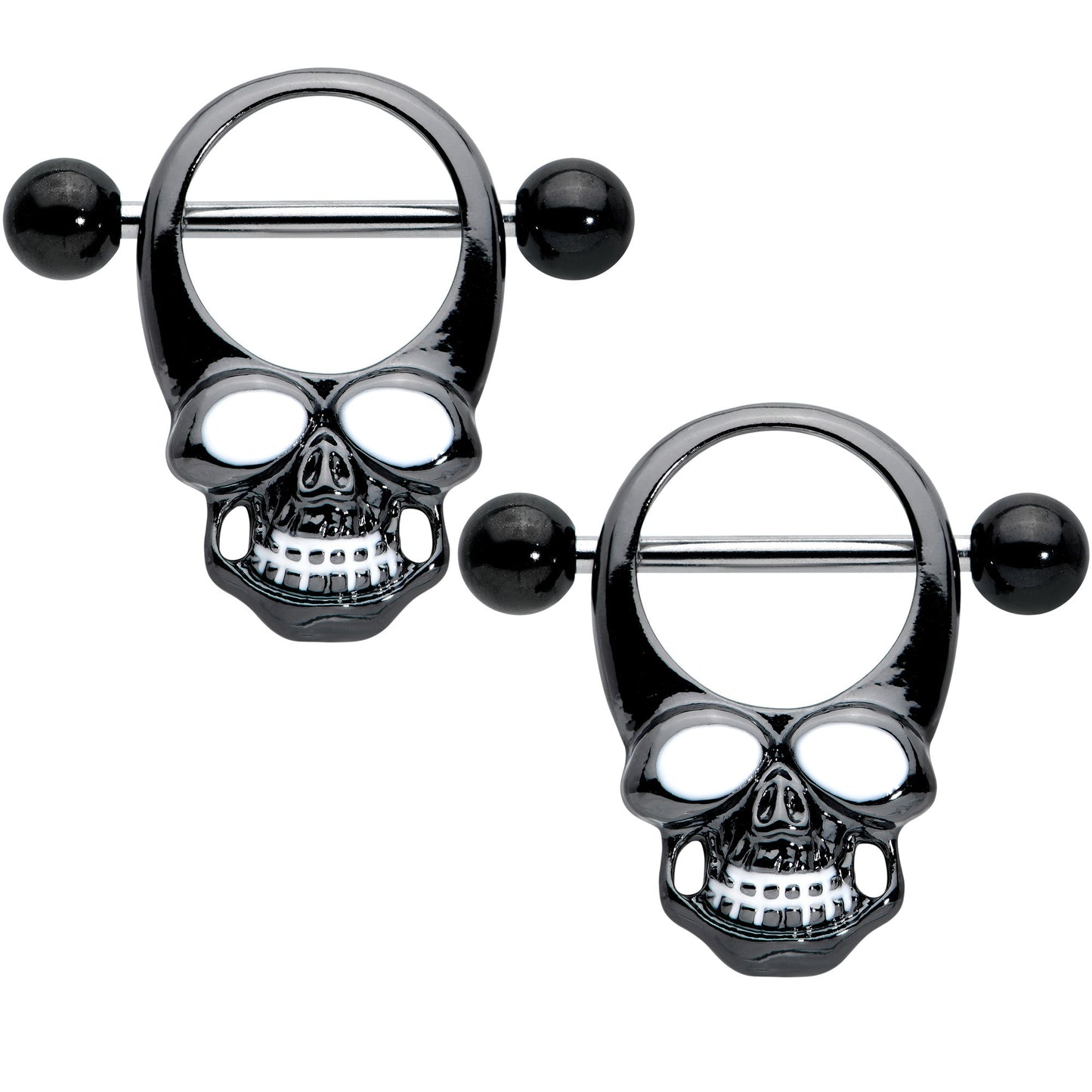 14G 1/2 Black Grinning Skull Nipple Shield Set