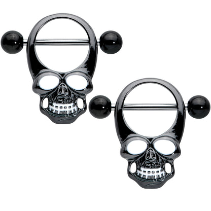 14G 1/2 Black Grinning Skull Nipple Shield Set