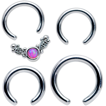 14 16G 1/4 5/16 Pink Synthetic Opal Ornate Captive Ring Set of 4
