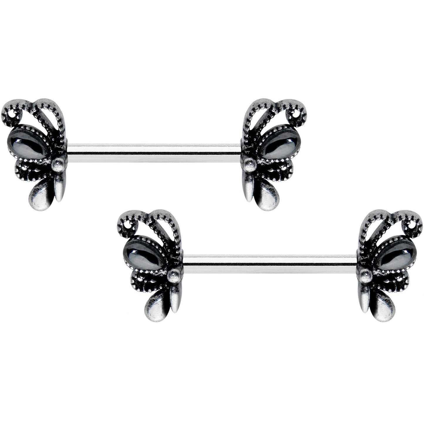 14G 1/2 Black Gem Abstract Bow Barbell Nipple Ring Set
