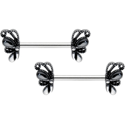 14G 1/2 Black Gem Abstract Bow Barbell Nipple Ring Set