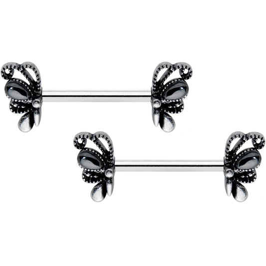 14G 1/2 Black Gem Abstract Bow Barbell Nipple Ring Set