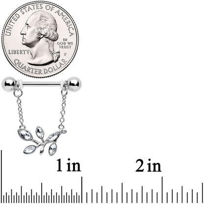 14G 9/16 Clear Gem Leaves of Love Chain Dangle Nipple Ring Set