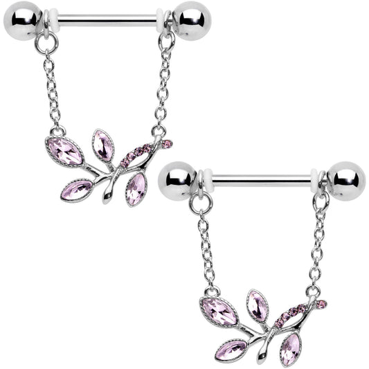 14G 9/16 Pink Gem Leaves of Love Chain Dangle Nipple Ring Set