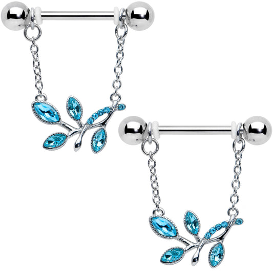 14G 9/16 Blue Gem Leaves of Love Chain Dangle Nipple Ring Set