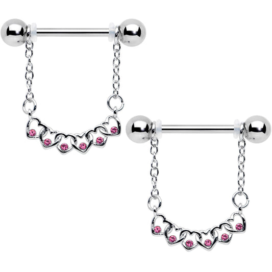 14G 9/16 Pink Gem Link Heart Valentine Dangle Nipple Ring Set
