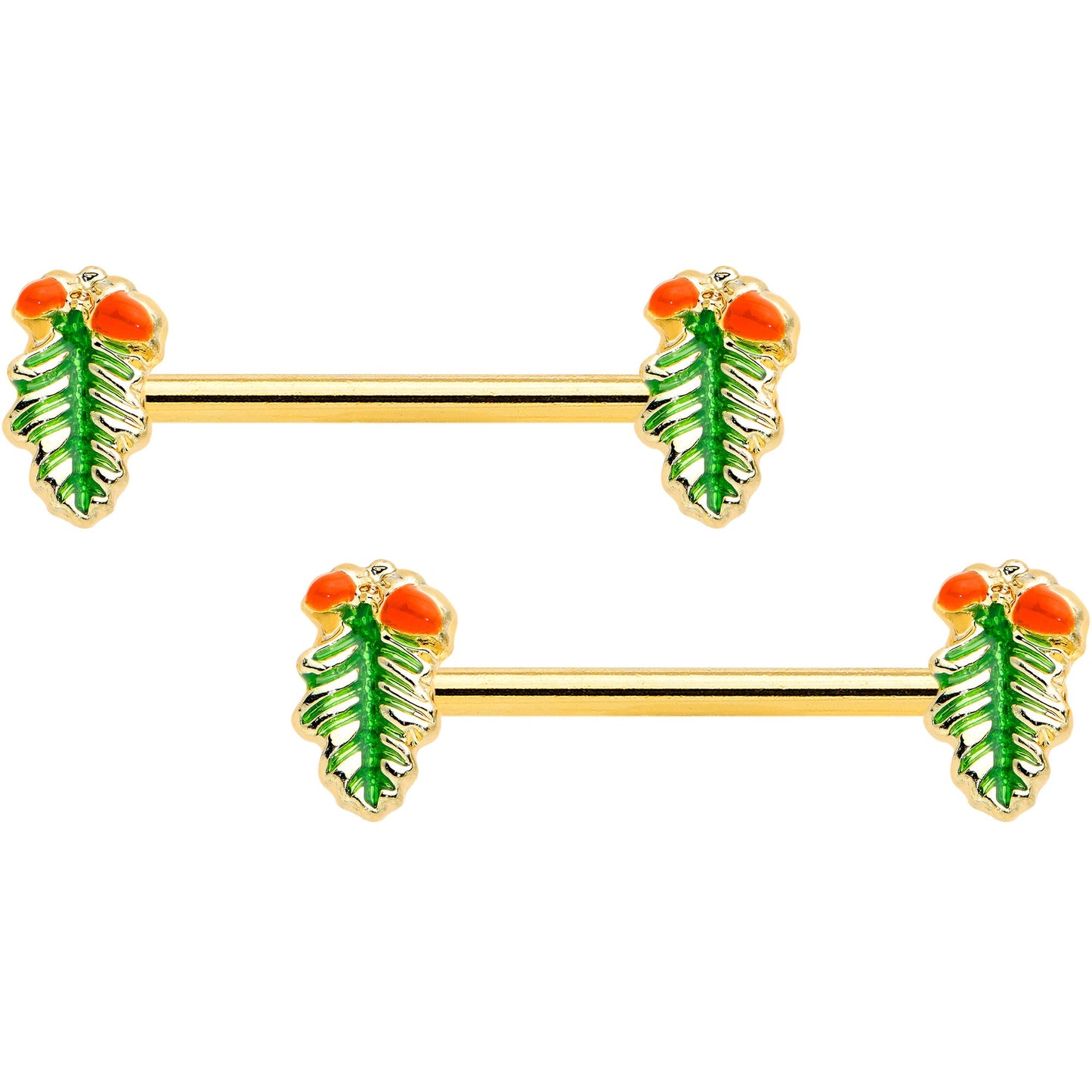 14G 11/16 Gold Hue Acorn Pine Cone Autumn Barbell Nipple Ring Set